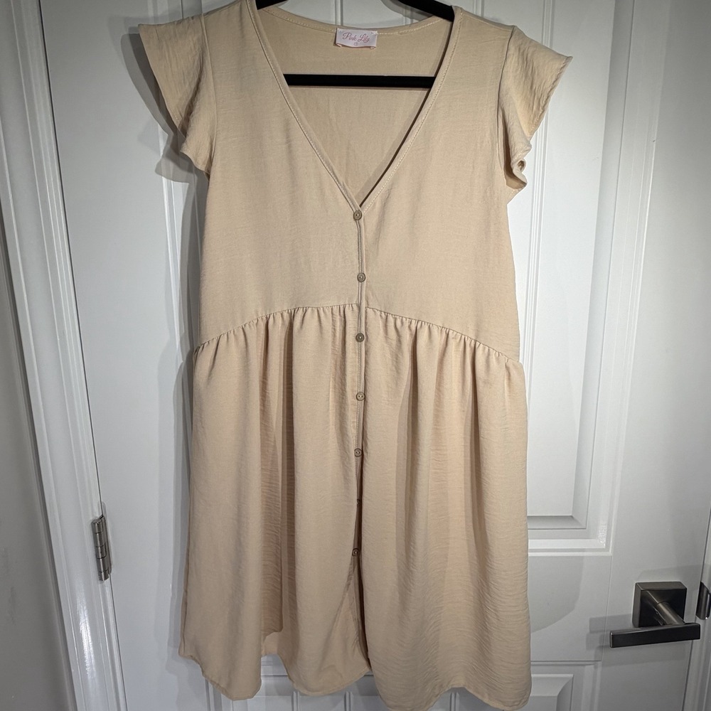 Pink Lily Beige Button Front Babydoll Mini Dress Boho Flutter Sleeve Small